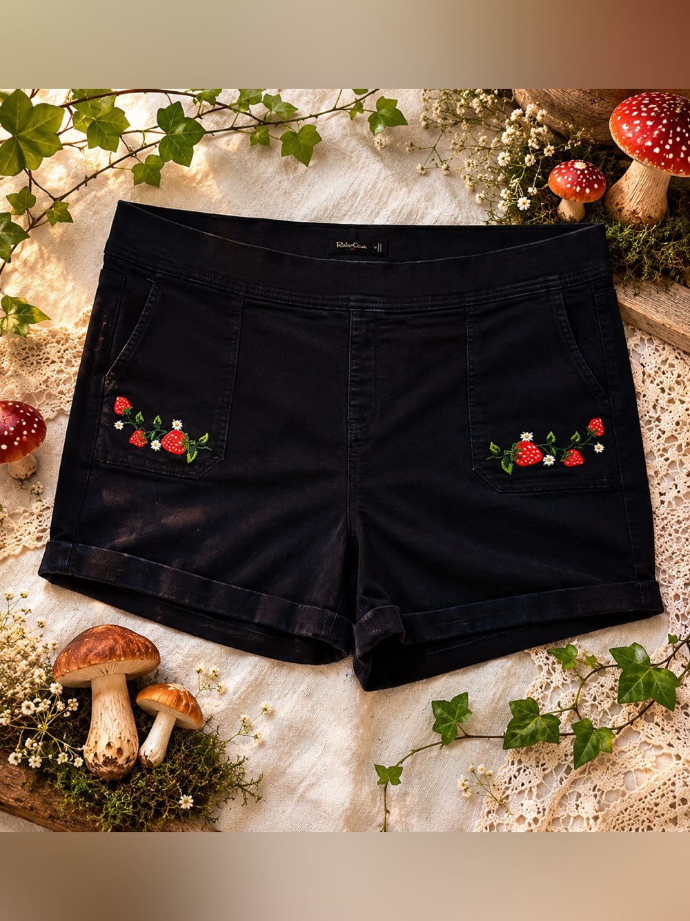 torrid dark blue Jean Shorts with Strawberry Embroidery